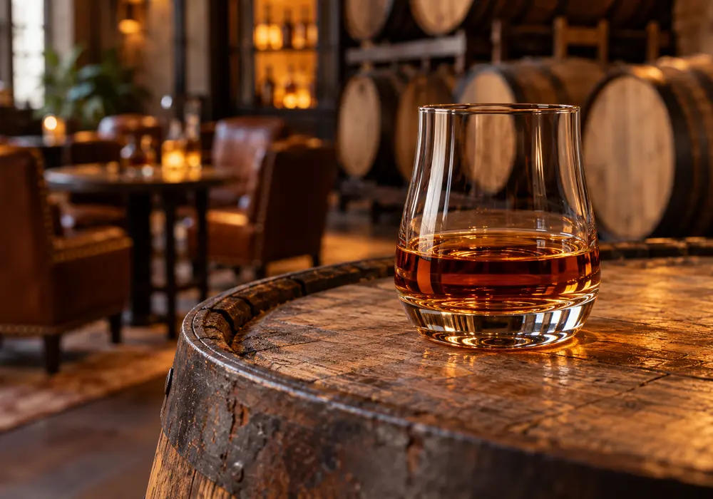 Bourbon tasting glass on a wooden barrel